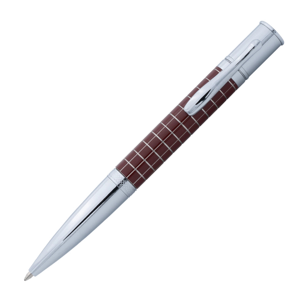 Un stylo bille Monteverde Jewelria Executive en finition burgundy grid, incliné à 45 degrés, est présenté sur un fond blanc. Le stylo bille se caractérise par un design élégant avec une finition en rouge bordeaux et un motif de grille sophistiqué.