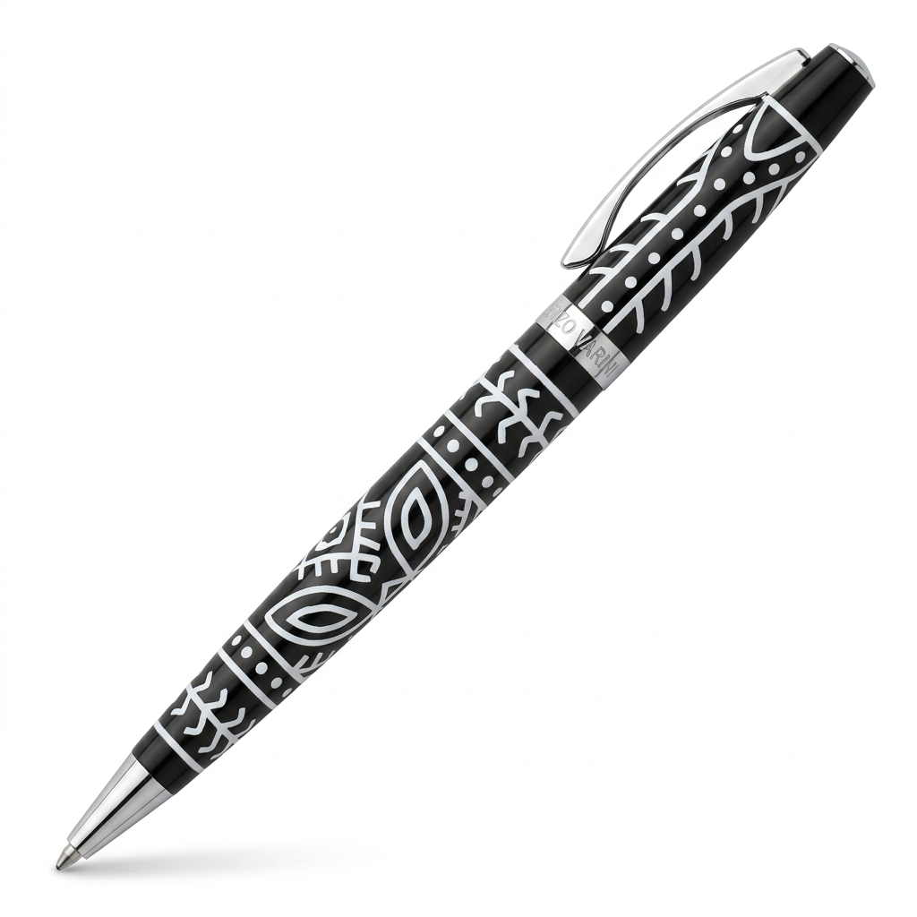 Stylo noir à motifs blancs, seconde vue à 45° sur fond blanc pur