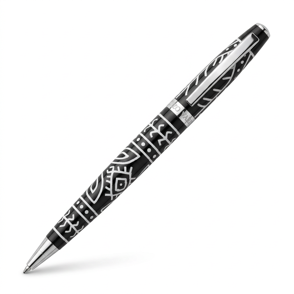 Stylo noir à motifs blancs, vue à 45° avec agrafe