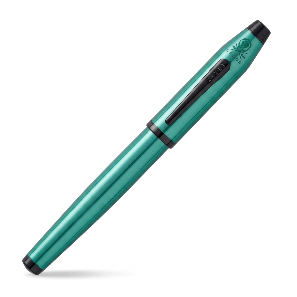 Stylo plume Cross Century II fermé à 45°, emblème Cross vert sur le capuchon