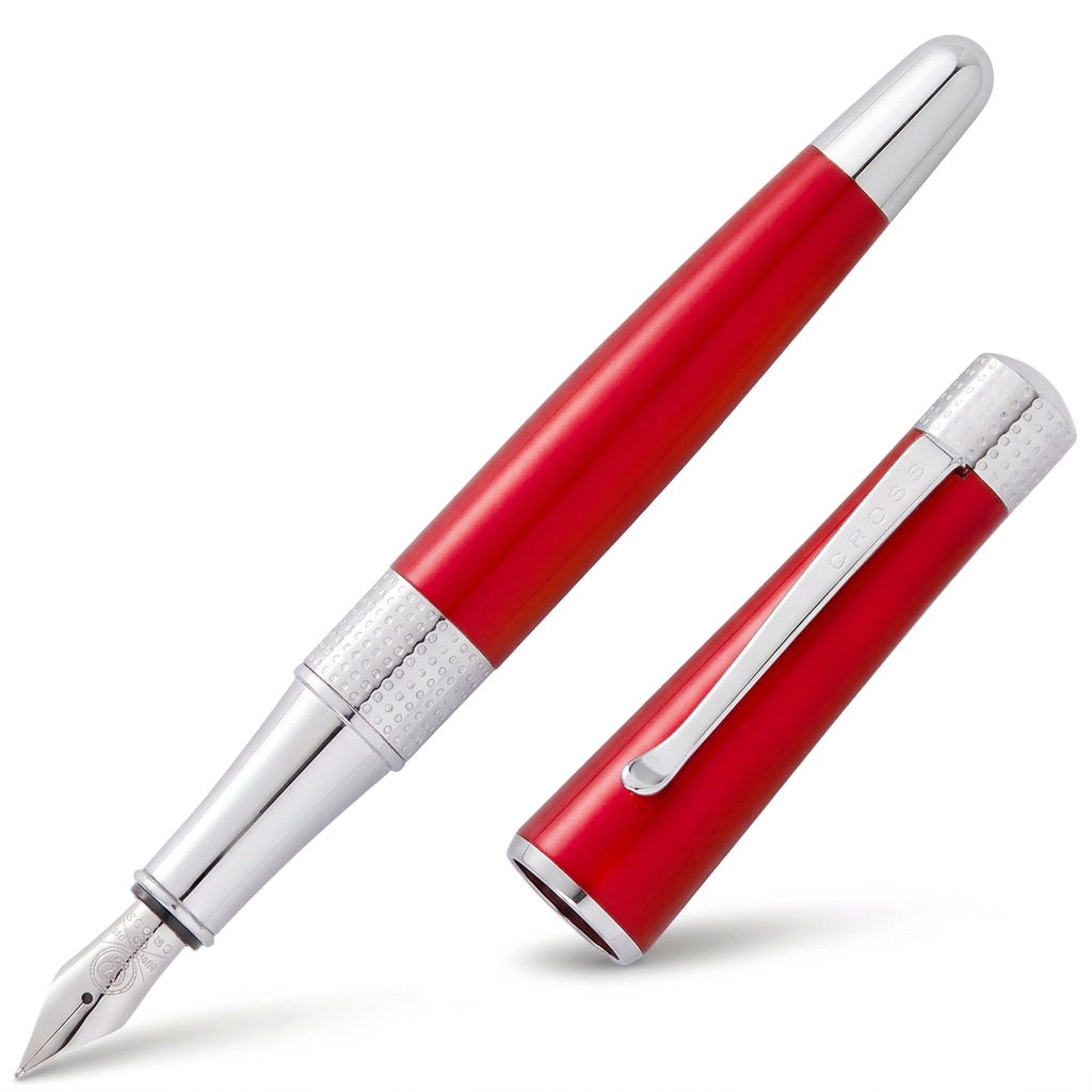 Vue découvert du stylo plume Cross Beverly rouge irisé à 45°, capuchon posé à côté