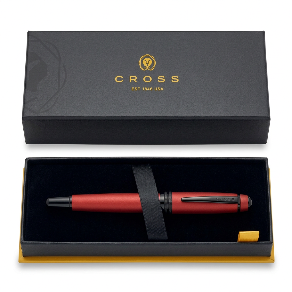 Vue du stylo plume Cross Bailey rouge mat dans le coffret Cross, couvercle posé à plat