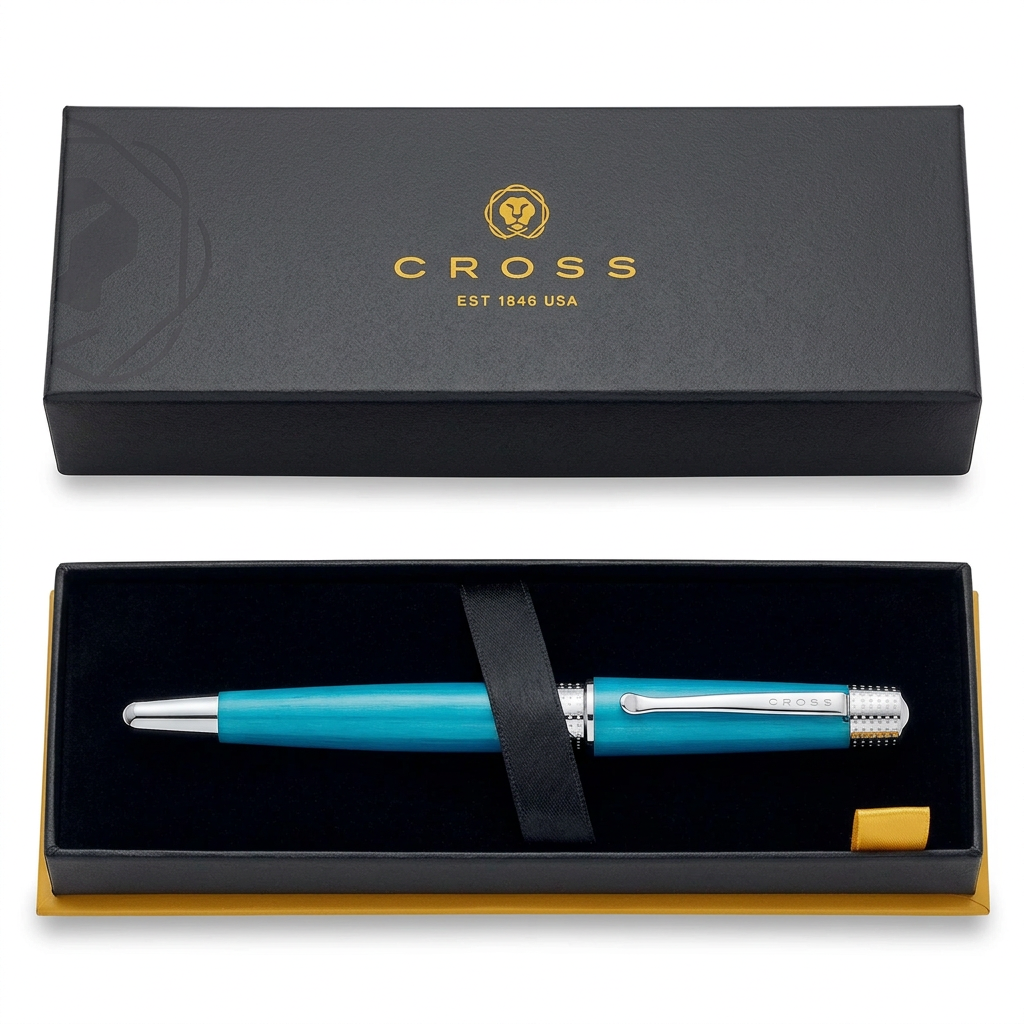 Vue du stylo plume Cross Beverly teal dans le coffret Cross, couvercle posé à plat
