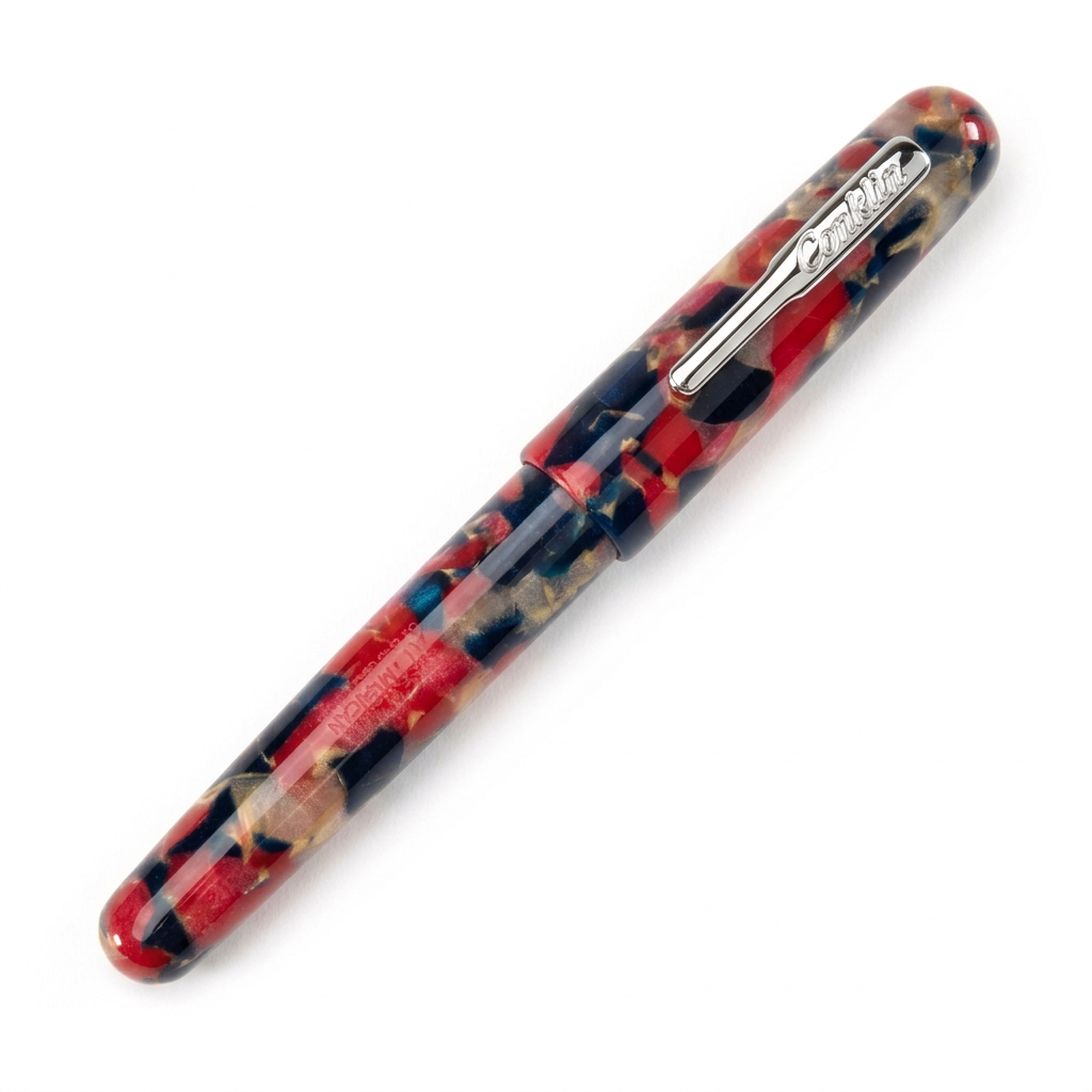 Vue fermée du stylo plume Conklin All American Old Glory à 45° exact
