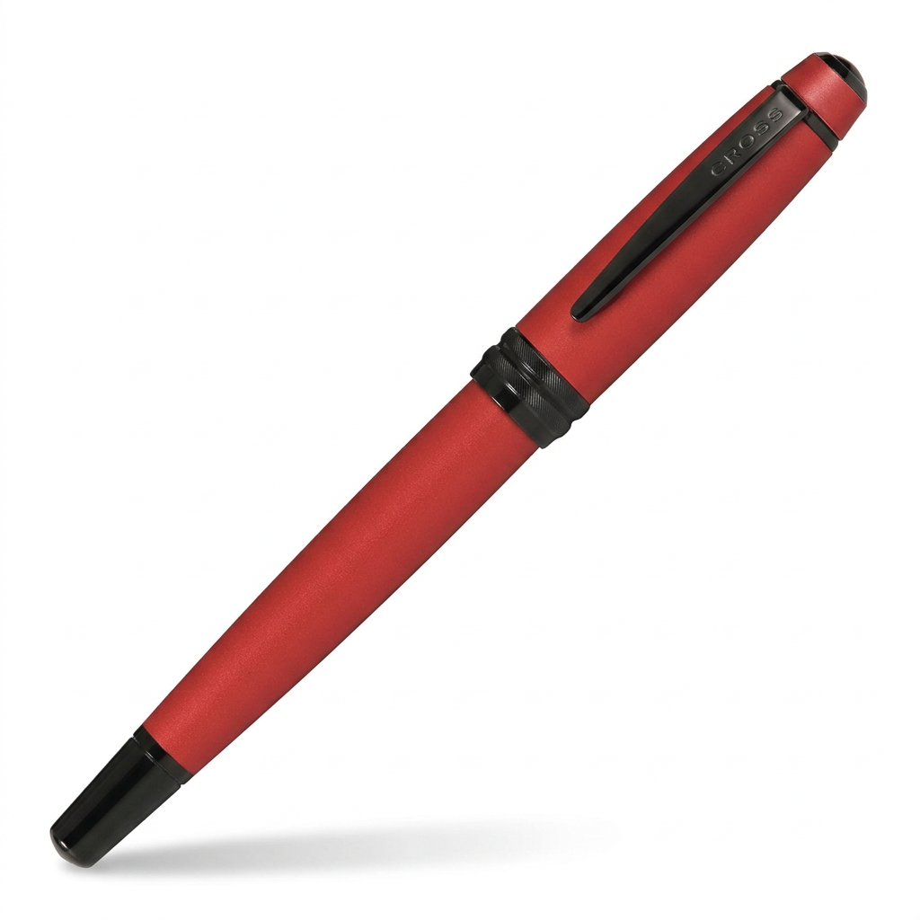 Vue fermée du stylo plume Cross Bailey rouge mat à 45°, extrémité du capuchon en bas à gauche