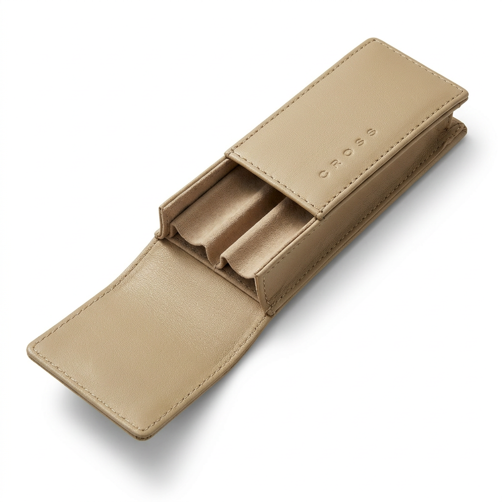 Vue ouverte de l'étui cuir Cross sable pour 2 stylos, deux emplacements visibles