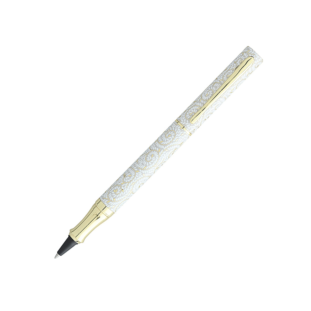 Stylo Roller Plumo Doria Blanc Motif Pétale à 45° avec capuchon ouvert sur fond blanc.