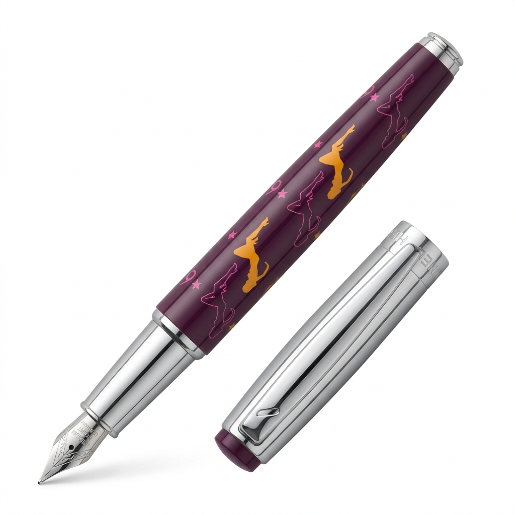Stylo plume Hechter Paris HELIOS Women violet chromé SD100133A ouvert avec capuchon parallèle sur fond blanc