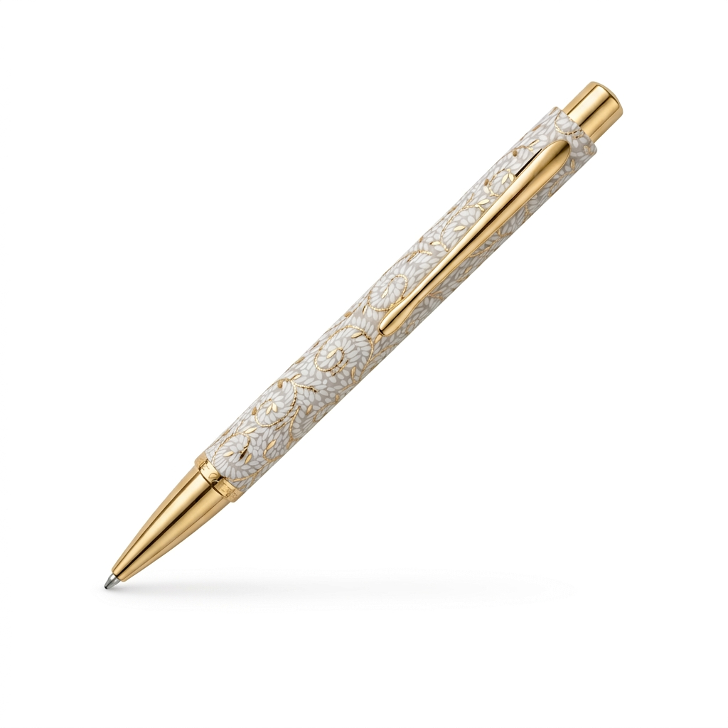 Stylo bille Enzo Varini Plumo Doria blanc et doré, barrette de face sur fond blanc