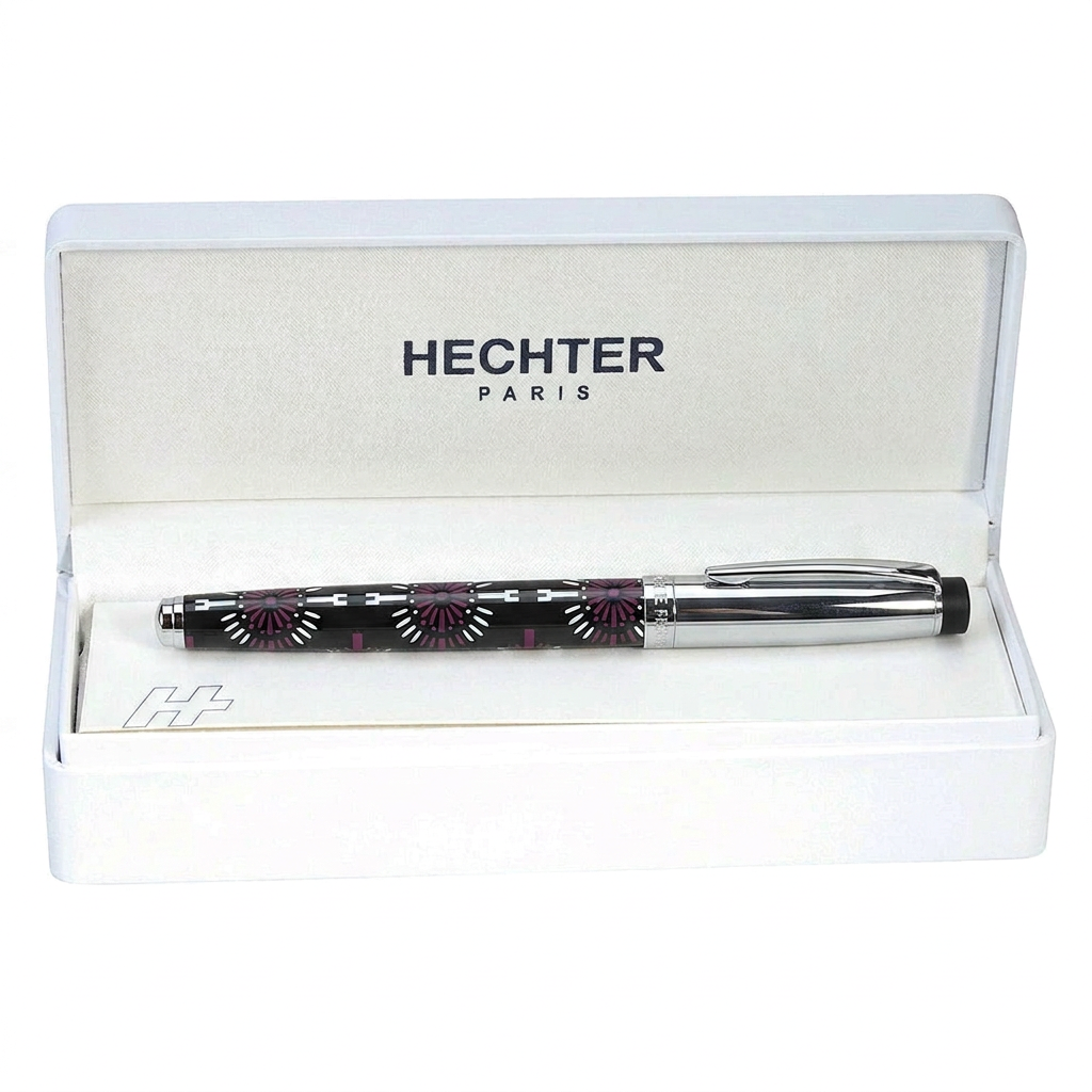 Stylo roller Hechter Paris HELIOS noir violet blanc SD100126A en écrin blanc, haut du capuchon noir et plat