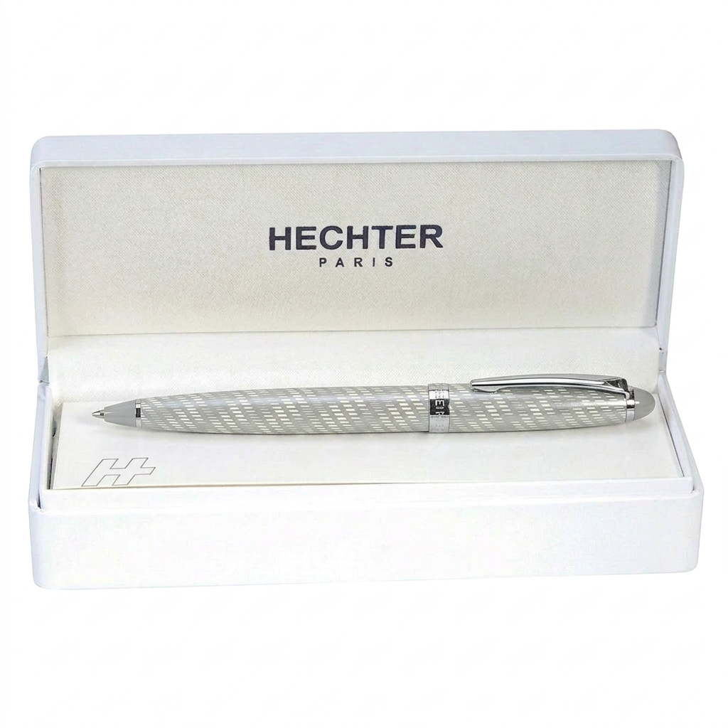 Stylo bille Hechter Paris ALLIANCE argenté SD183017A dans un écrin blanc ouvert