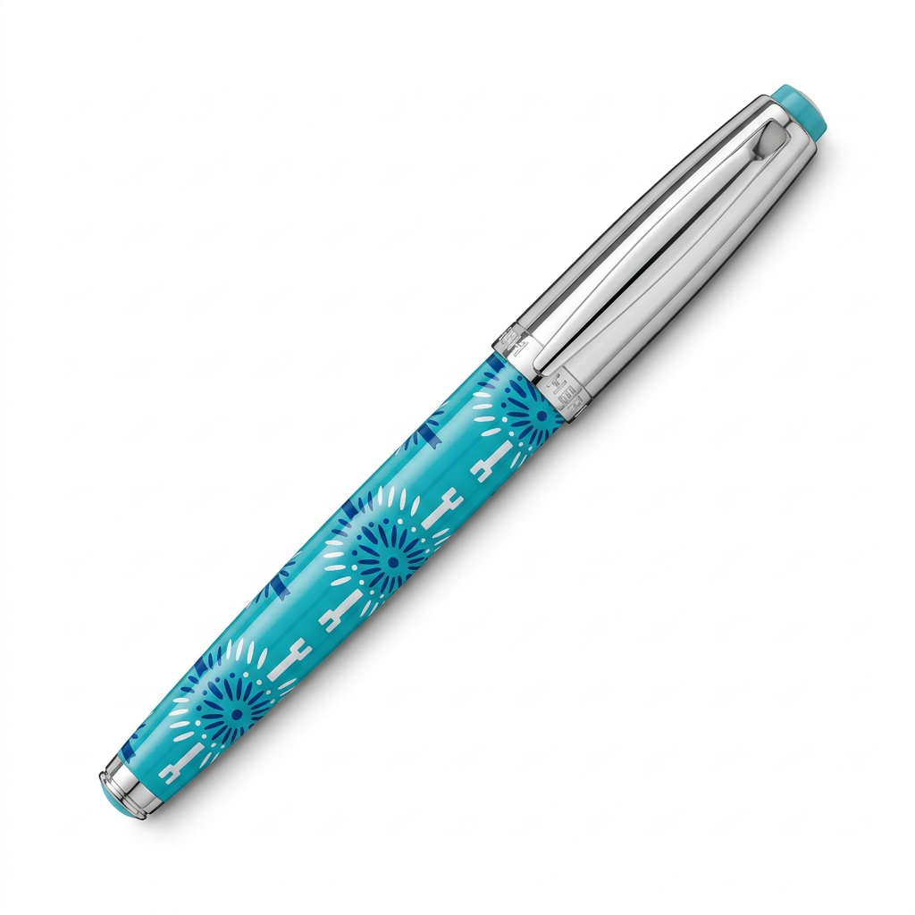 Stylo plume Hechter Paris HELIOS turquoise bleu blanc SD100132A fermé sur fond blanc