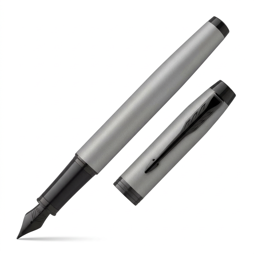 Stylo plume Parker IM Achromatic gris mat et noir ouvert à 45 degrés, capuchon à côté