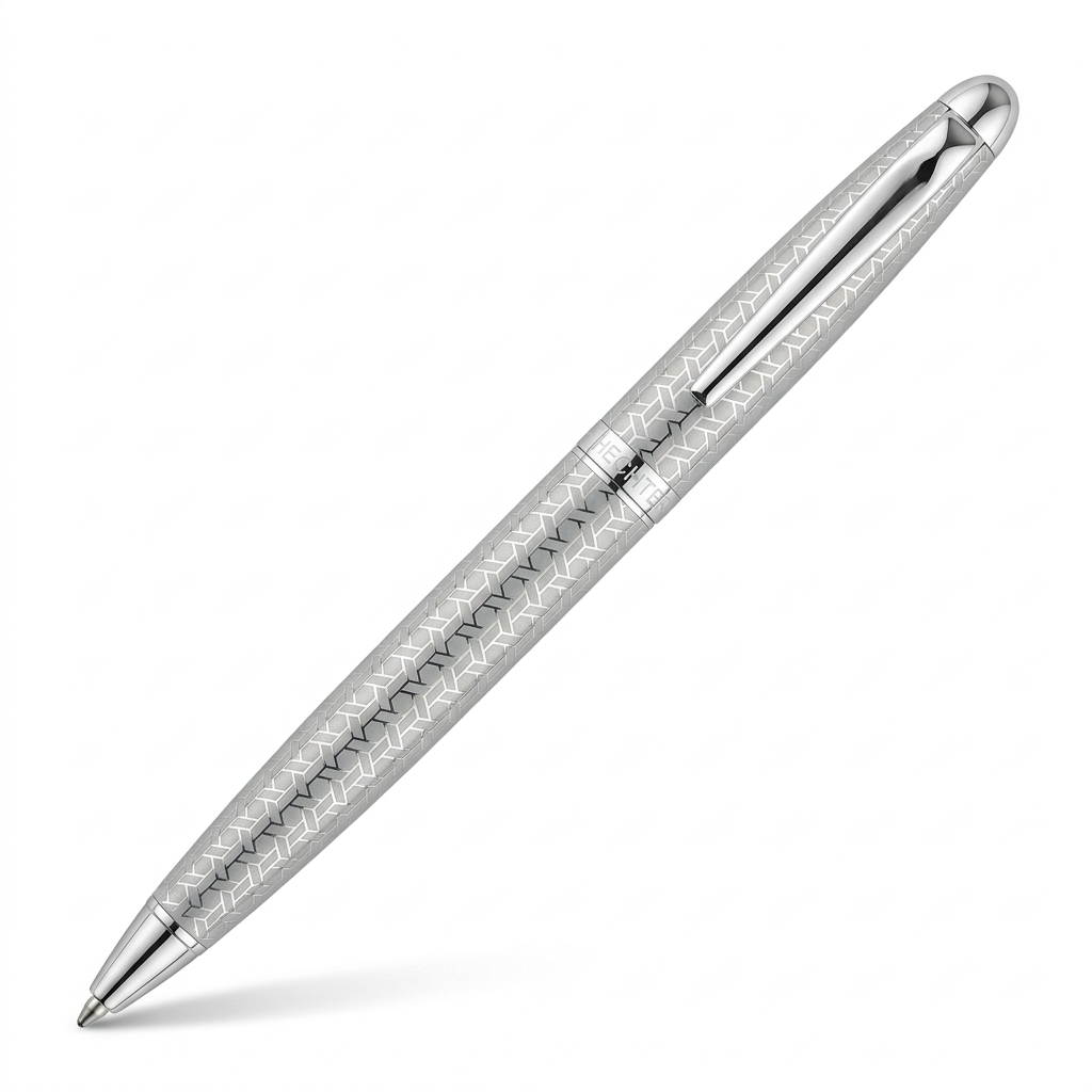 Stylo bille Hechter Paris ALLIANCE argenté géométrique chromé SD183021A à 45 degrés sur fond blanc