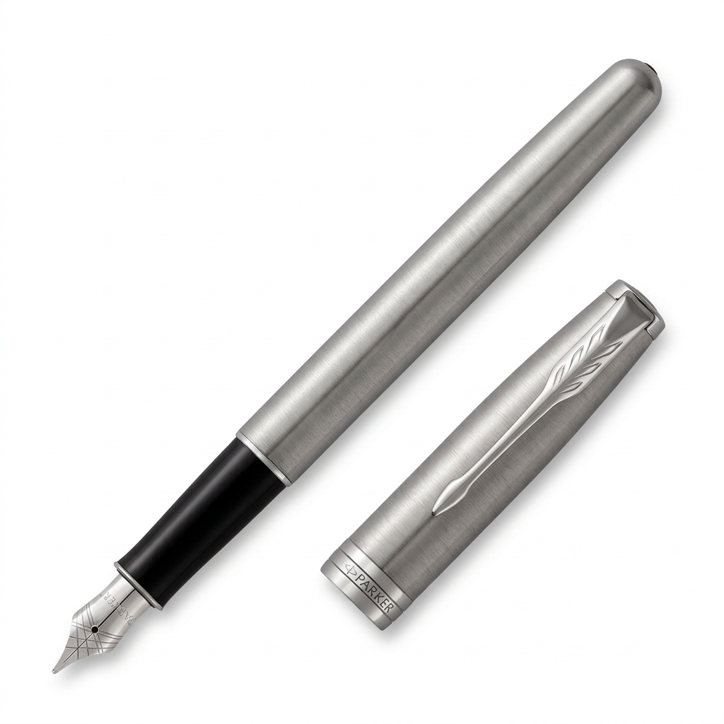 Parker Sonnet acier ouvert entier à 45 degrés, plume M et capuchon à côté