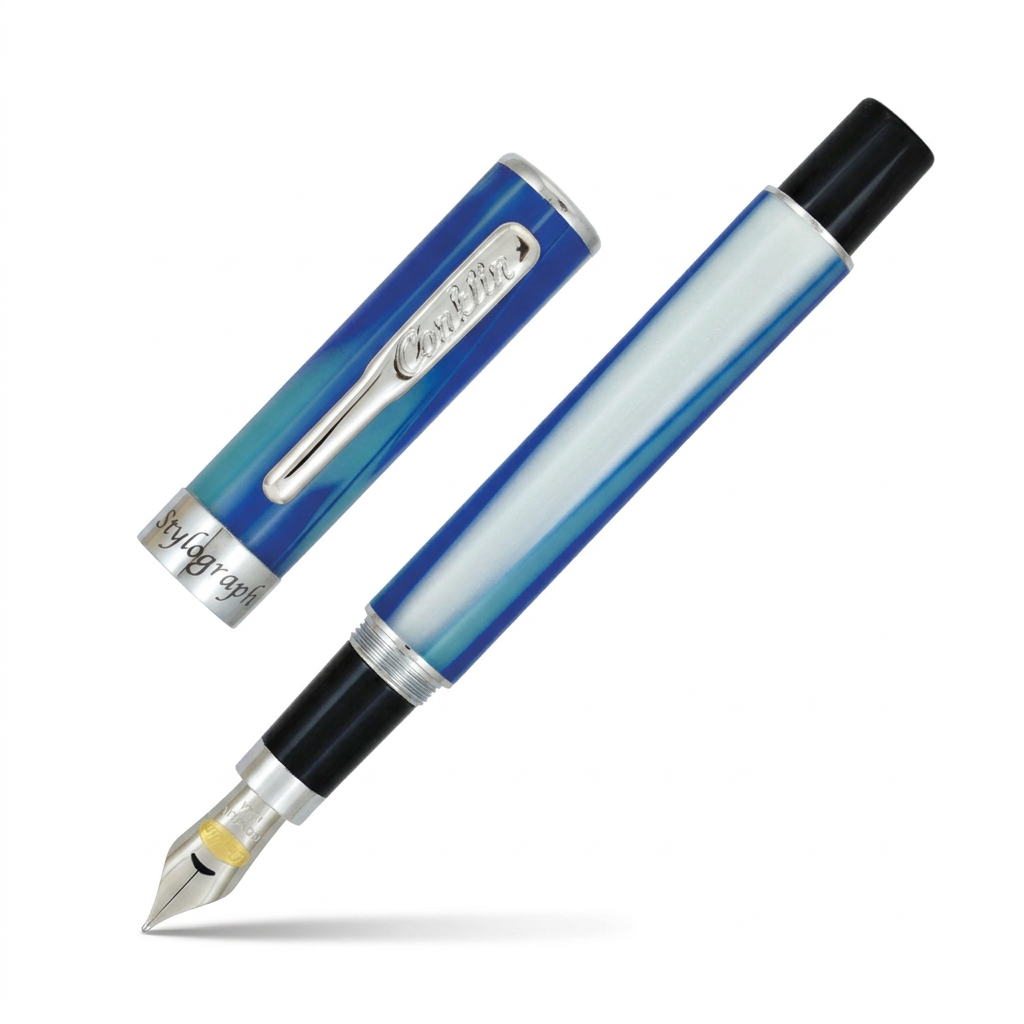 Stylo plume Conklin Stylograph Arctic Blue ouvert avec capuchon séparé sur fond extra blanc