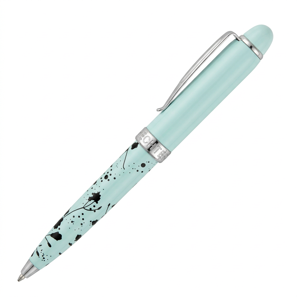 Stylo bille Hechter Paris Mini Alliance Fleurs turquoise SD270033A, barrette de profil sur fond blanc