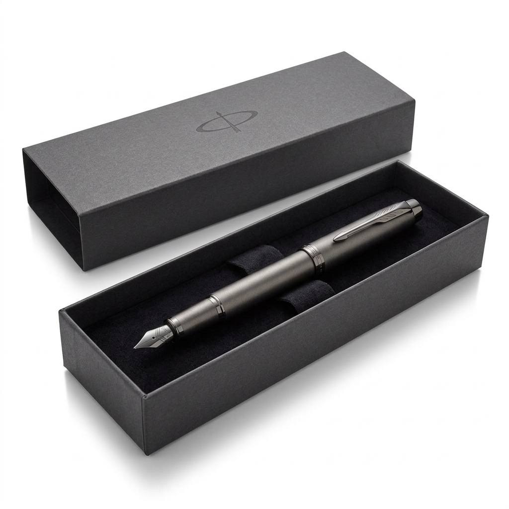 Stylo plume Parker IM Monochrome gris acier en écrin, présentation illustrative