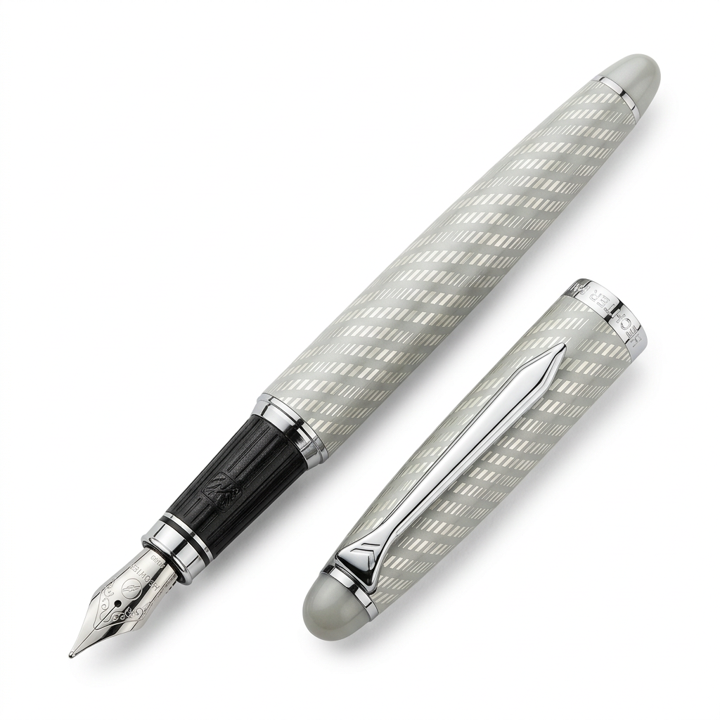 Stylo plume Hechter Paris ALLIANCE argenté SD183018A ouvert avec plume vers le bas à gauche et capuchon retourné