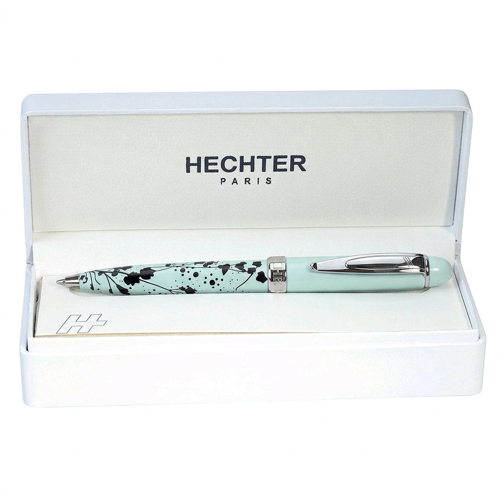 Stylo bille Hechter Paris Mini Alliance Fleurs turquoise SD270033A dans un écrin blanc, barrette visible
