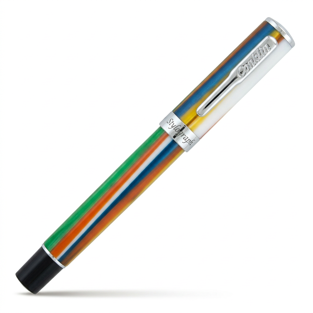 Stylo plume Conklin Stylograph Tropical Blend fermé à 45 degrés sur fond blanc