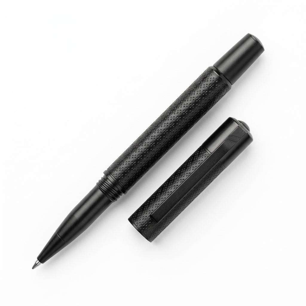 Stylo roller Hechter Paris Exclusif Media microgravure noir mat gun SD173006A ouvert avec capuchon à côté sur fond blanc