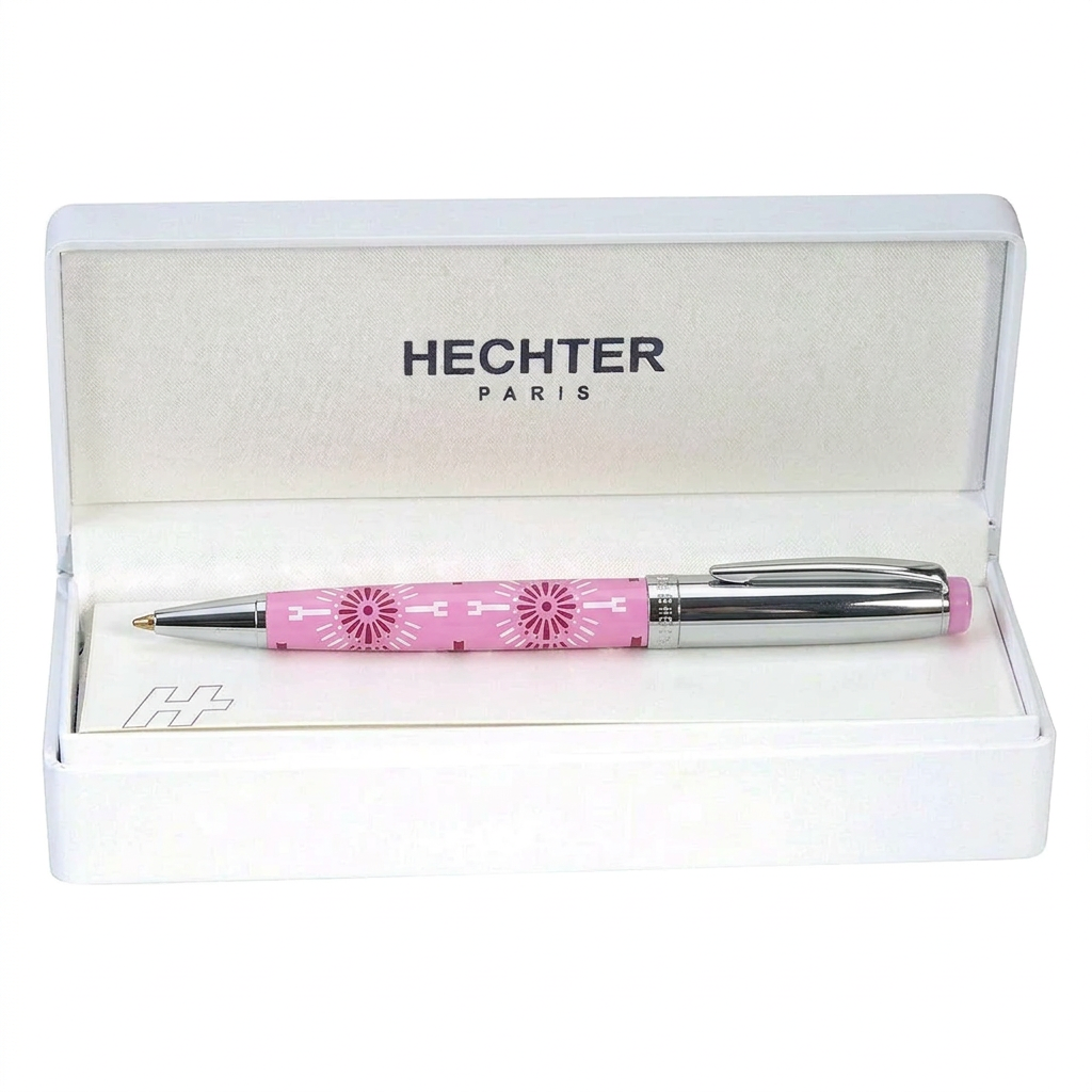 Stylo bille Hechter Paris HELIOS rose bordeaux blanc SD100129A dans un écrin blanc ouvert