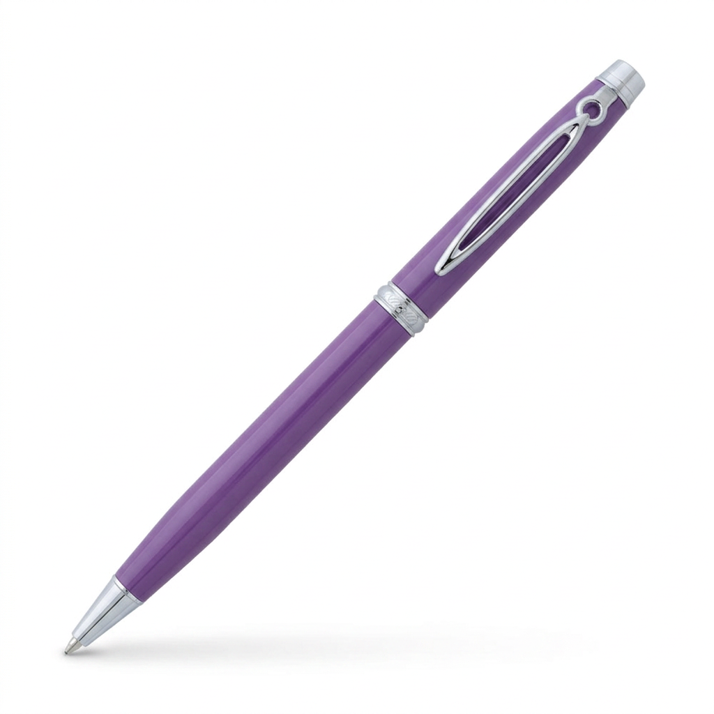 Stylo bille Enzo Varini Sano violet avec finition chrome, référence SE825187A, sur fond blanc