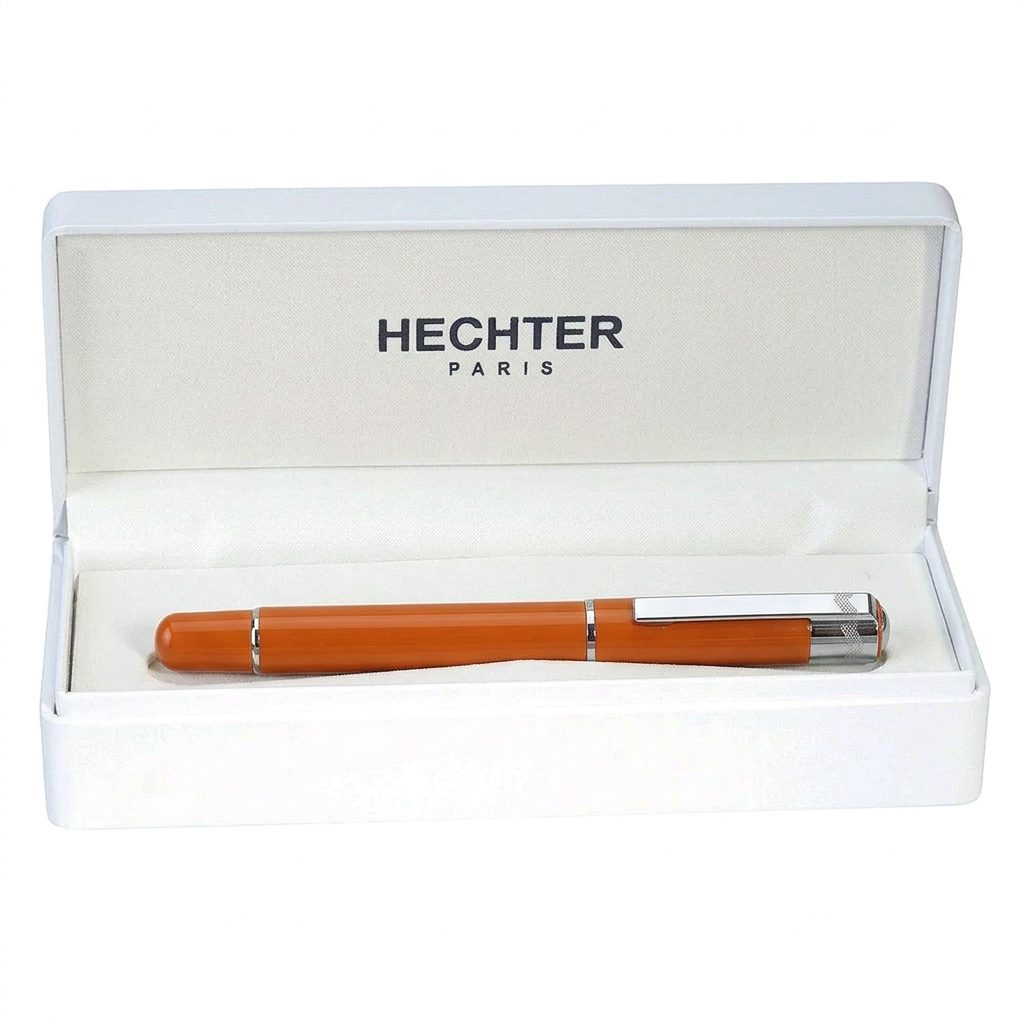 Feutre à cartouches d’encre Hechter Paris Classic Media orange et chromé SD176005A seul dans un écrin blanc ouvert