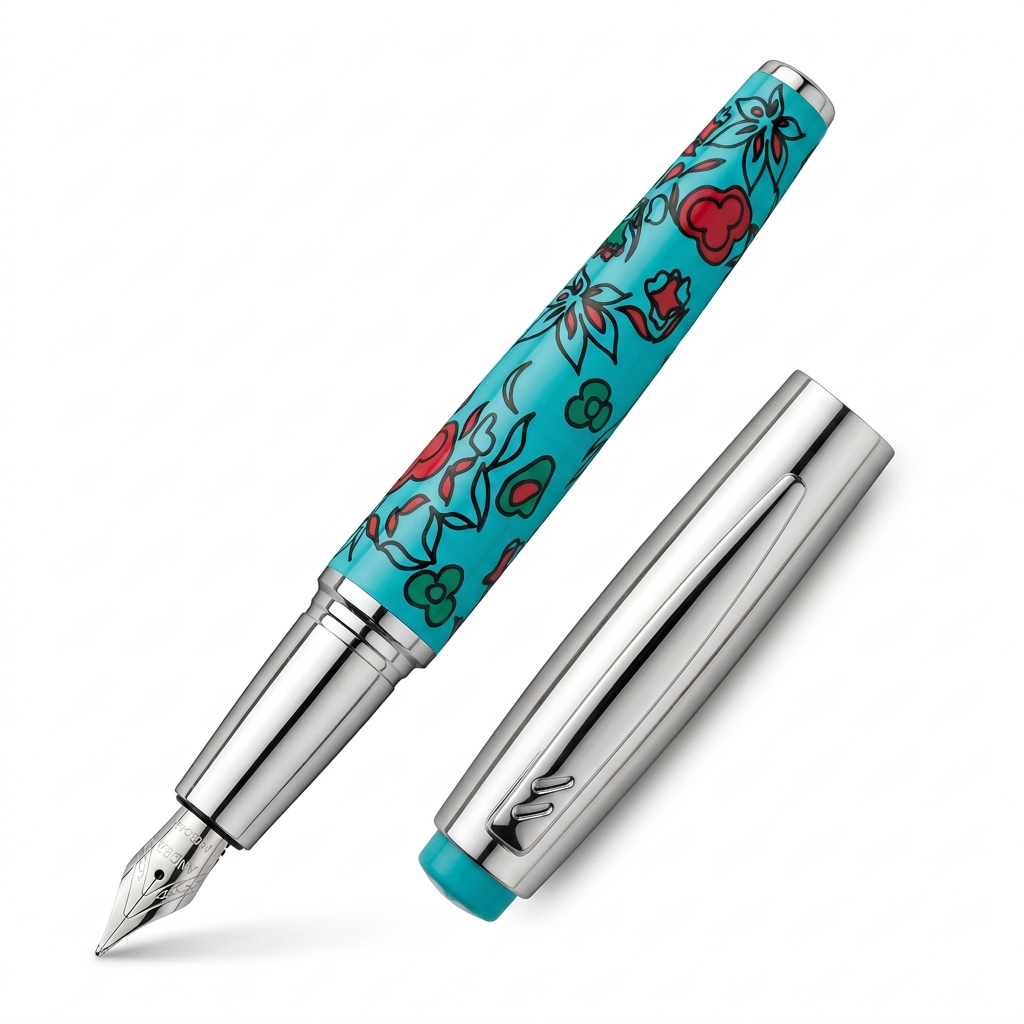 Stylo plume Hechter Paris HELIOS turquoise chromé fleurs rouges et vertes SD100134A ouvert, plume vers le bas et capuchon retourné, sur fond blanc