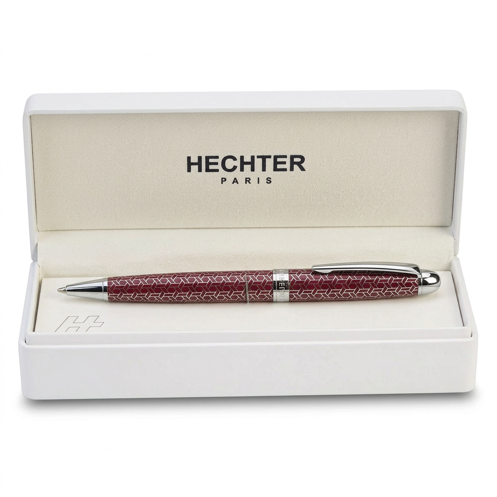 Stylo bille Hechter Paris ALLIANCE bordeaux chromé SD183019A dans un écrin blanc ouvert