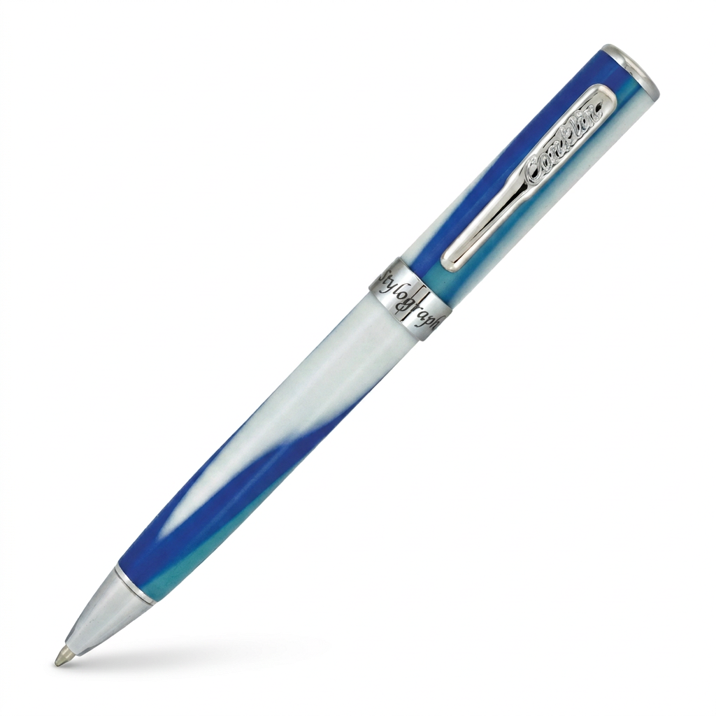 Stylo bille Conklin Stylograph Arctic Blue à 45 degrés sur fond extra blanc avec une petite ombre douce près de la pointe