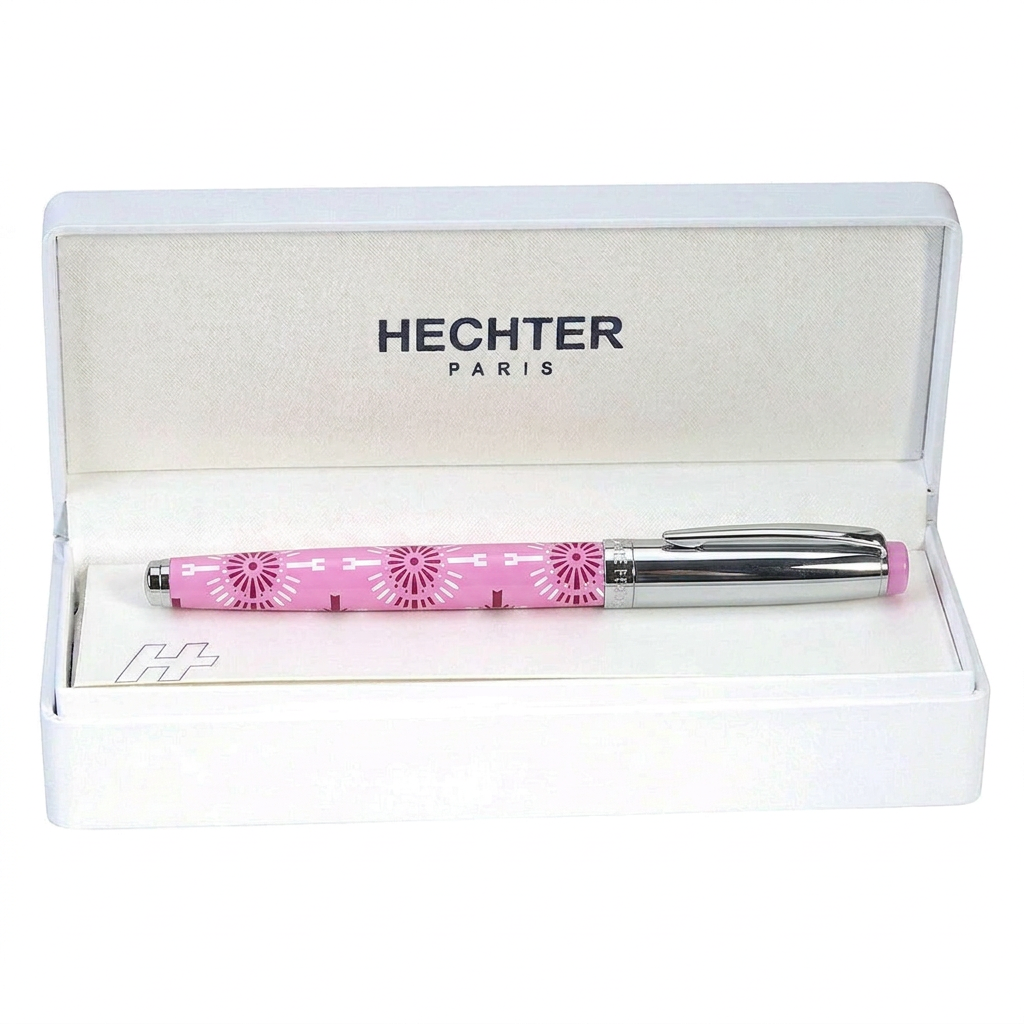 Roller à cartouches Hechter Paris HELIOS rose bordeaux blanc SD100127A dans un écrin blanc, clip visible