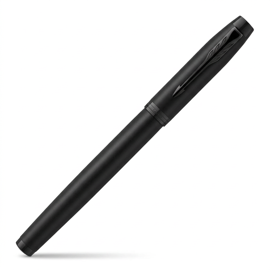 Parker IM Achromatic noir mat fermé à 45 degrés sur fond blanc