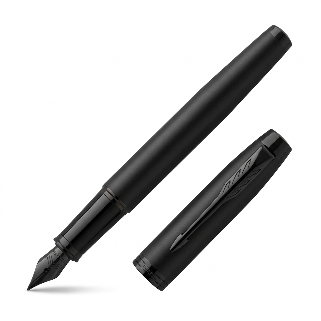Parker IM Achromatic noir mat ouvert à 45 degrés avec un seul capuchon détaché à côté