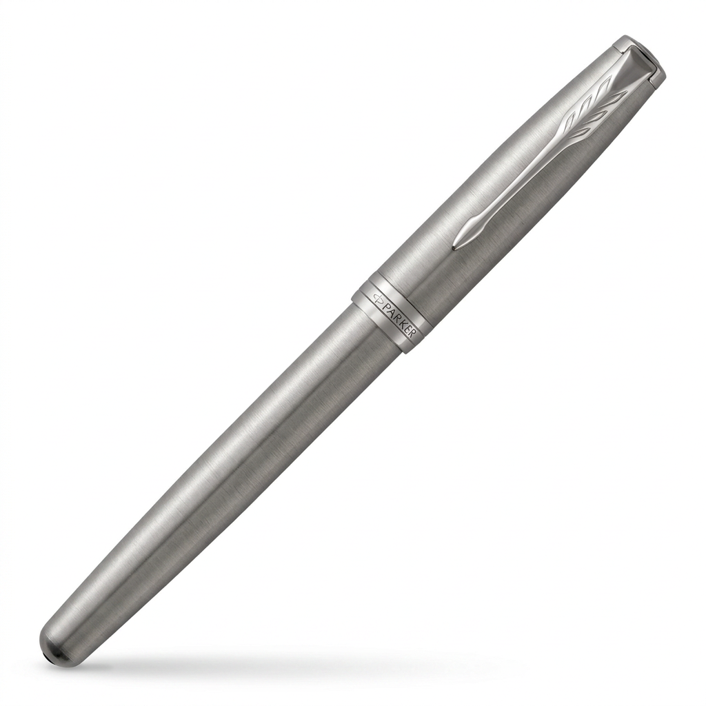 Parker Sonnet acier à attributs palladium, stylo fermé à 45 degrés