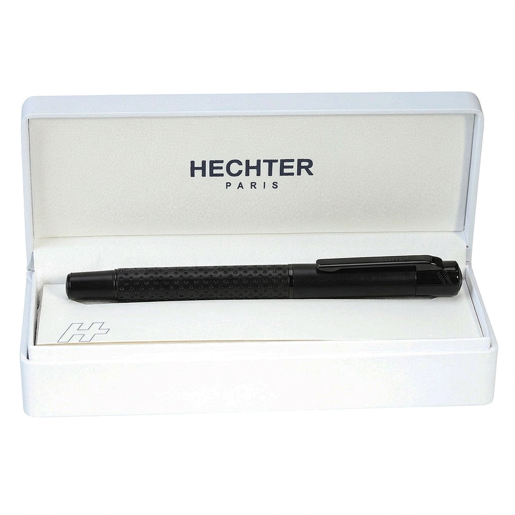 Stylo roller Hechter Paris Exclusif Media percé noir noir brillant SD173005A fermé dans un écrin blanc, barrette visible