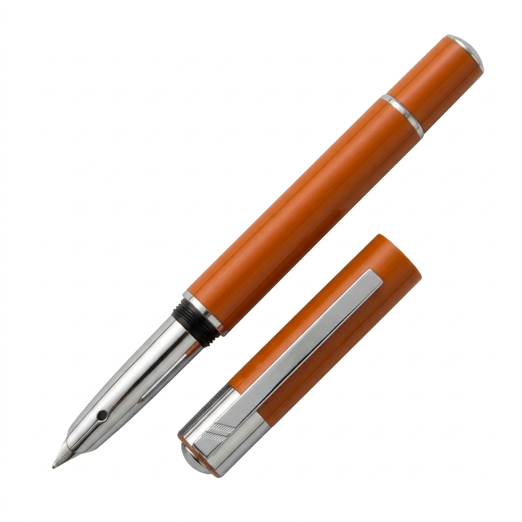 Stylo plume Hechter Paris Classic Media orange et chromé SD176004A ouvert avec capuchon détaché