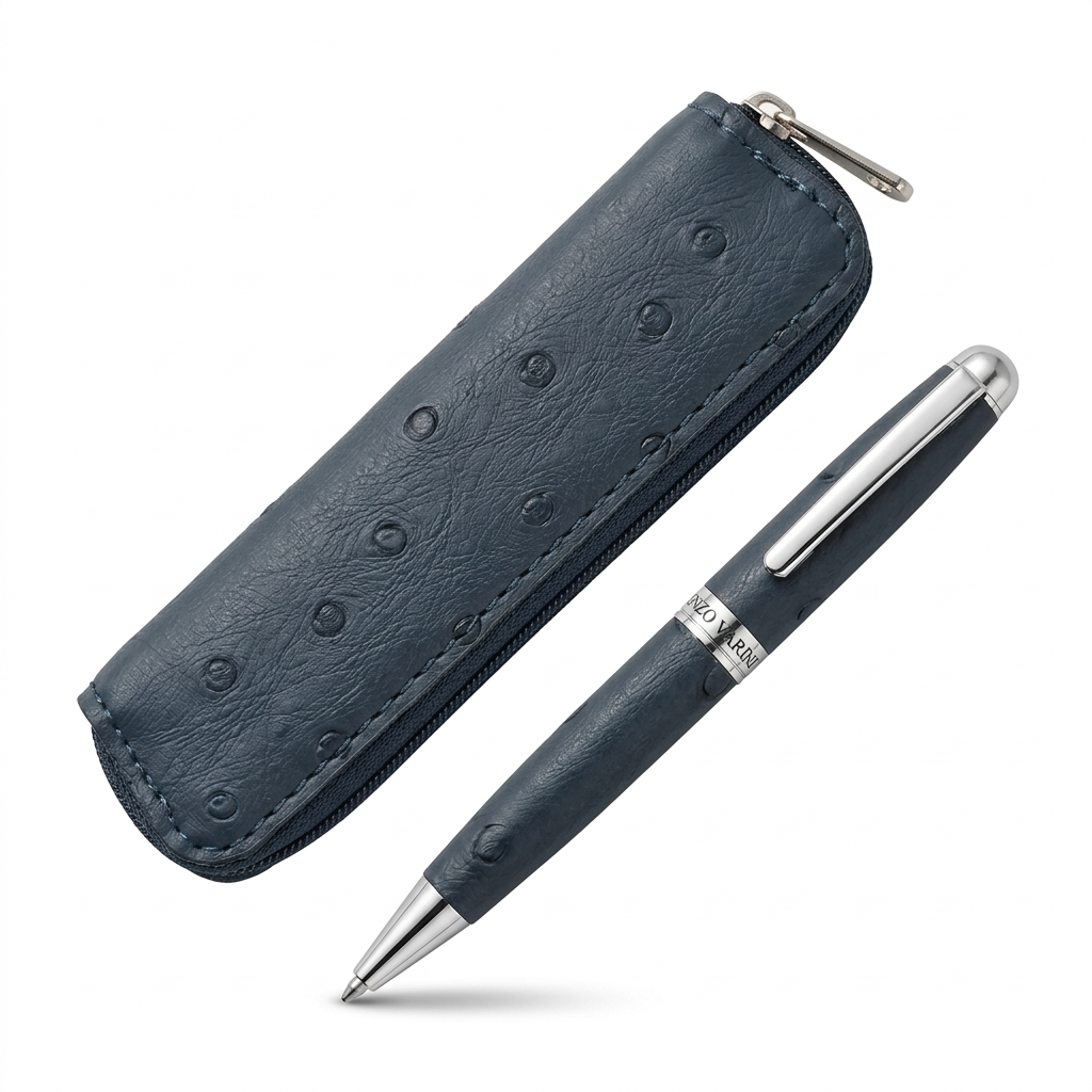 Mini stylo bille bleu marine et trousse simili cuir à 45°, barrette de côté