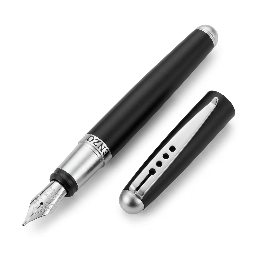 Mini stylo plume noir mat découvert, plume en bas à gauche, capuchon à côté