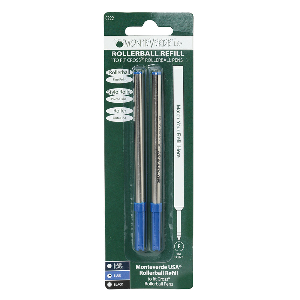 Recharge Monteverde compatible pour stylo roller Cross Bleu Fine (deux recharges), présentée sous blister de face sur fond blanc.