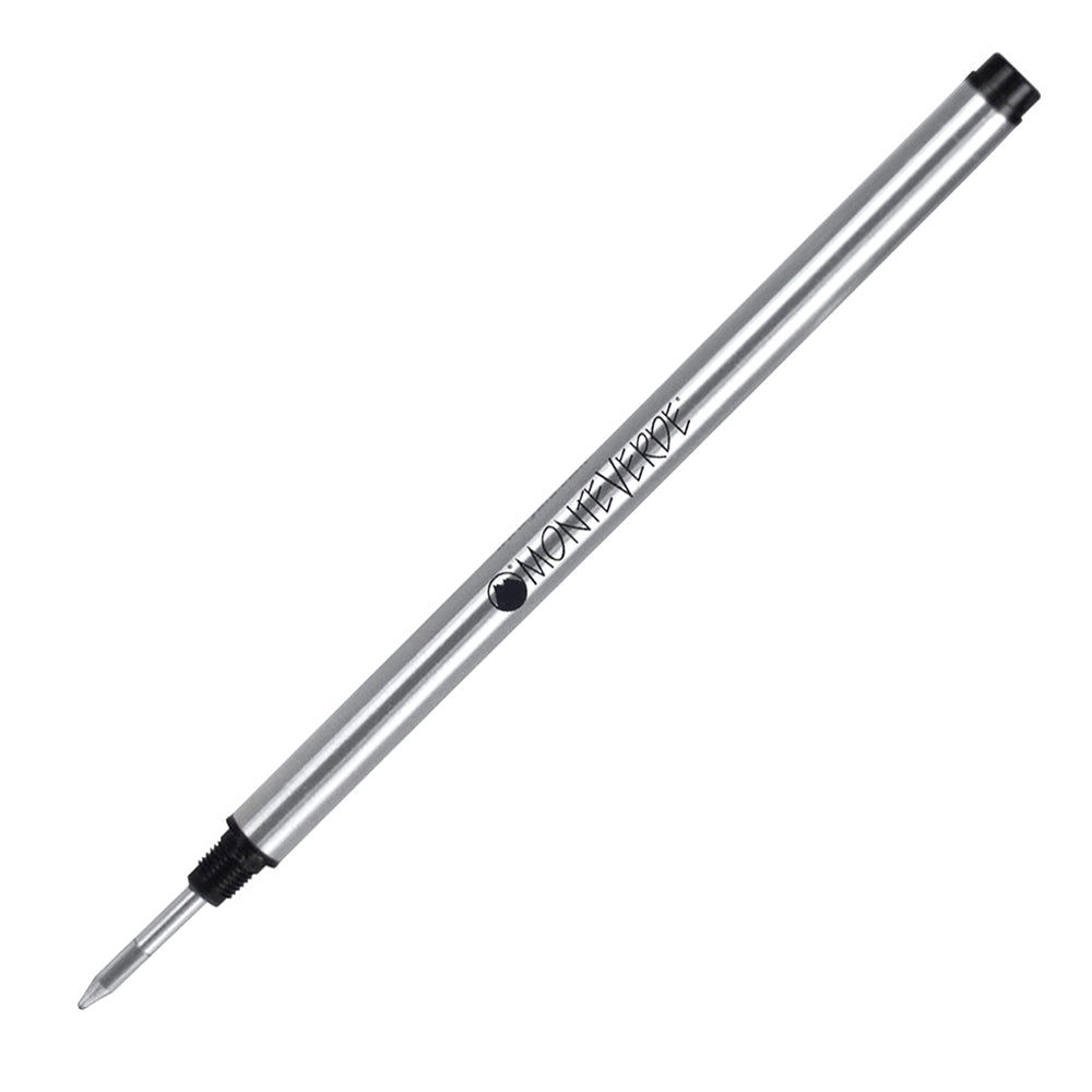 Recharge Monteverde compatible pour stylo roller Montblanc Noir Fine (une recharge), présentée à 45° sur fond blanc.