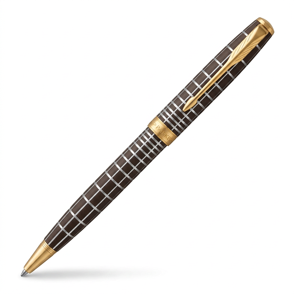 Parker Sonnet Brown Rubber – Stylo bille marron quadrillé argenté à attributs dorés