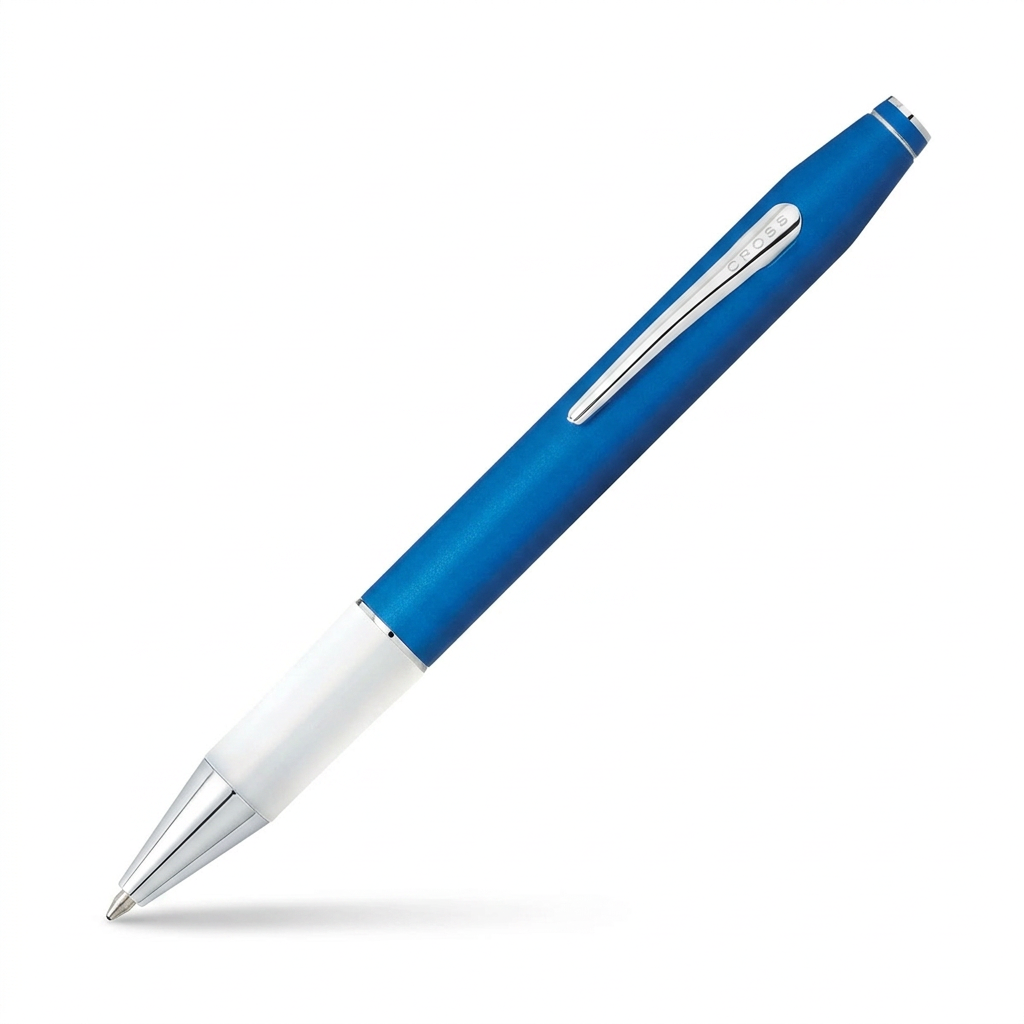 Stylo bille Cross Easy Writer bleu métallique à 45°, pointe en bas à gauche