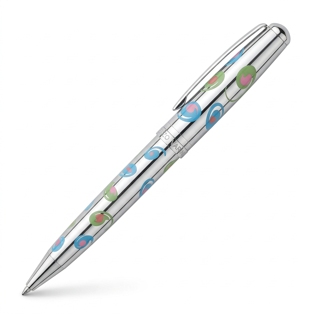 Stylo chromé à motifs floraux, seconde vue à 45°