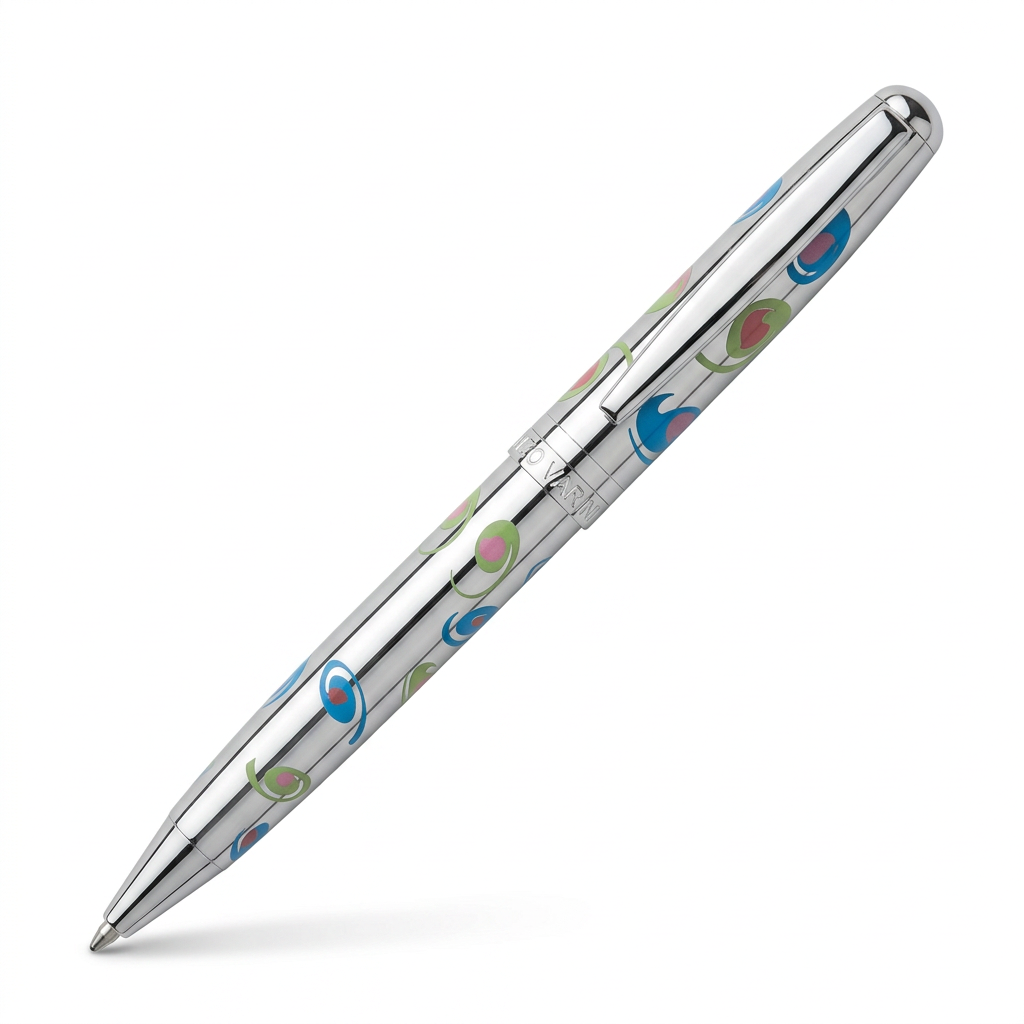 Stylo chromé à motifs floraux, vue à 45° avec agrafe