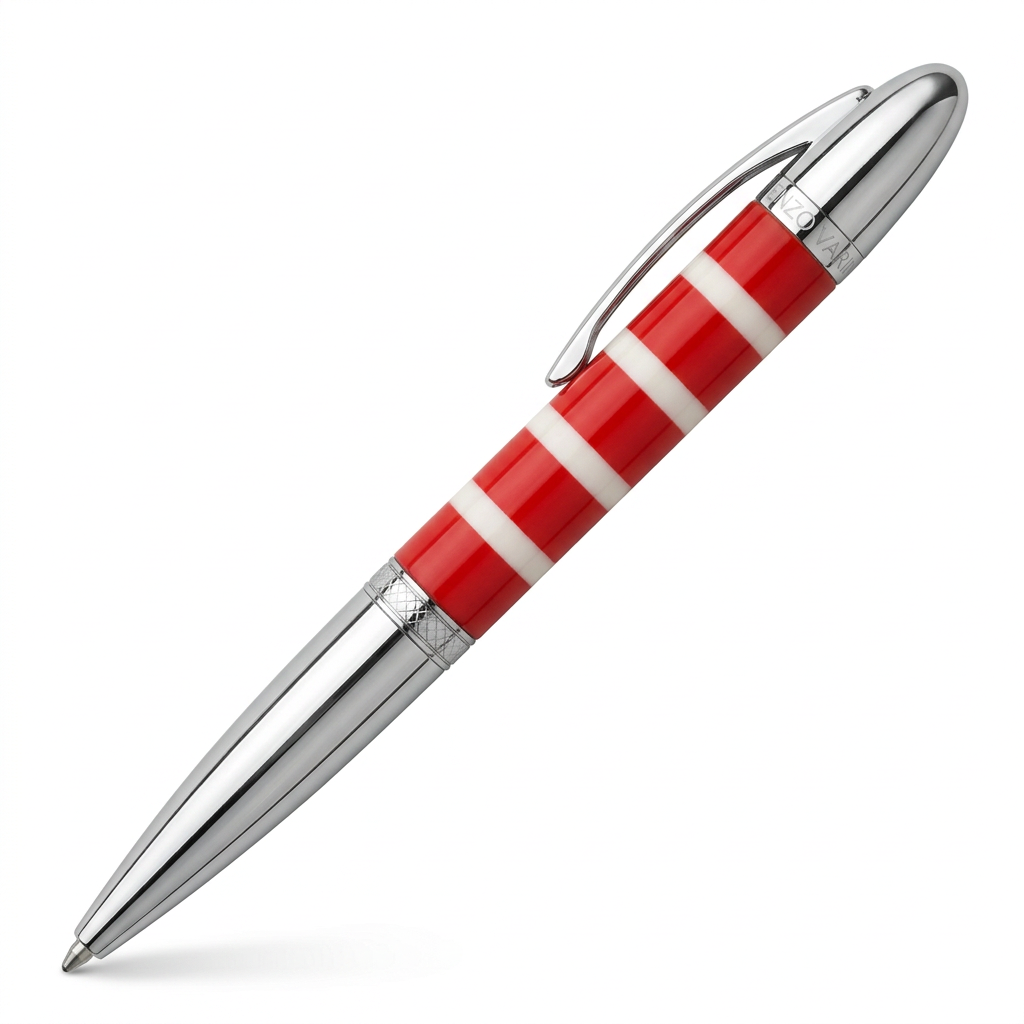 Stylo Enzo Varini rouge à bandes blanches, profil à 45°