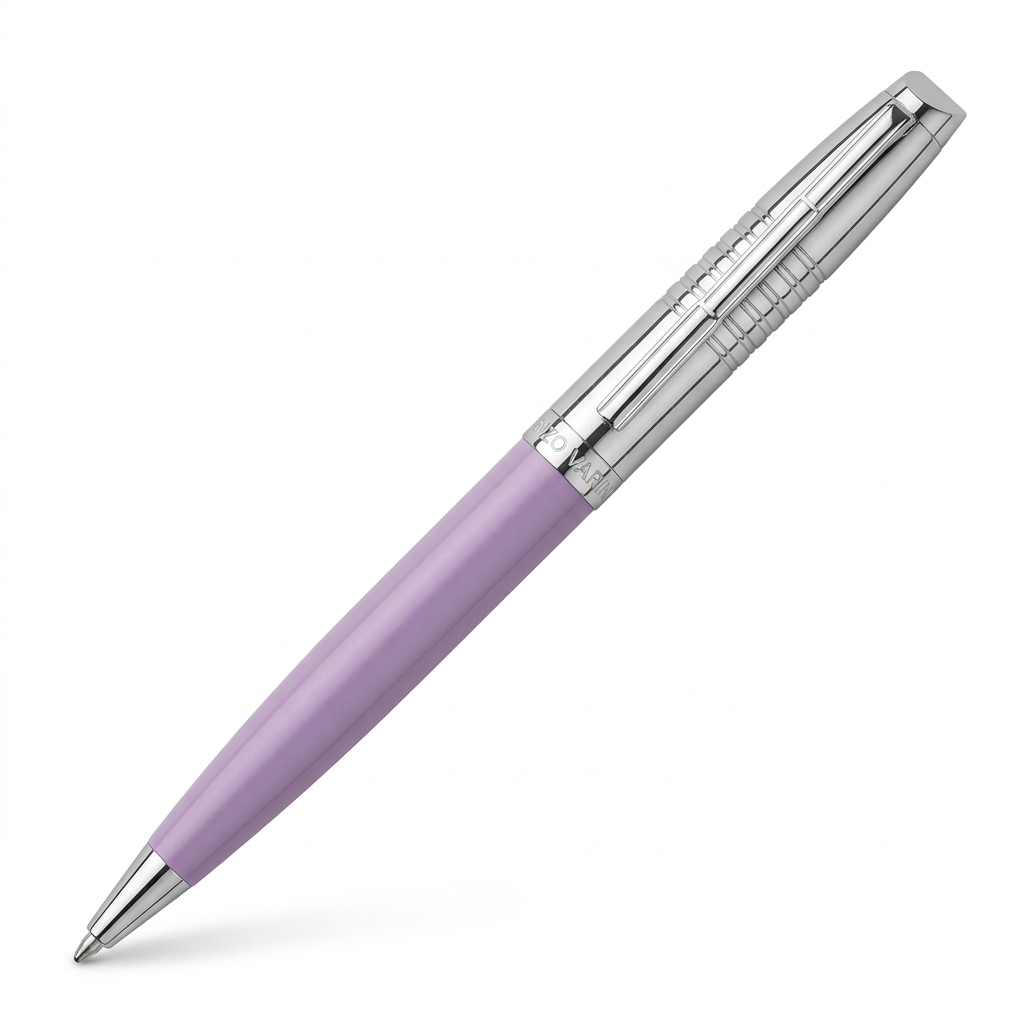 Stylo mauve et chromé, vue à 45° avec barrette de face