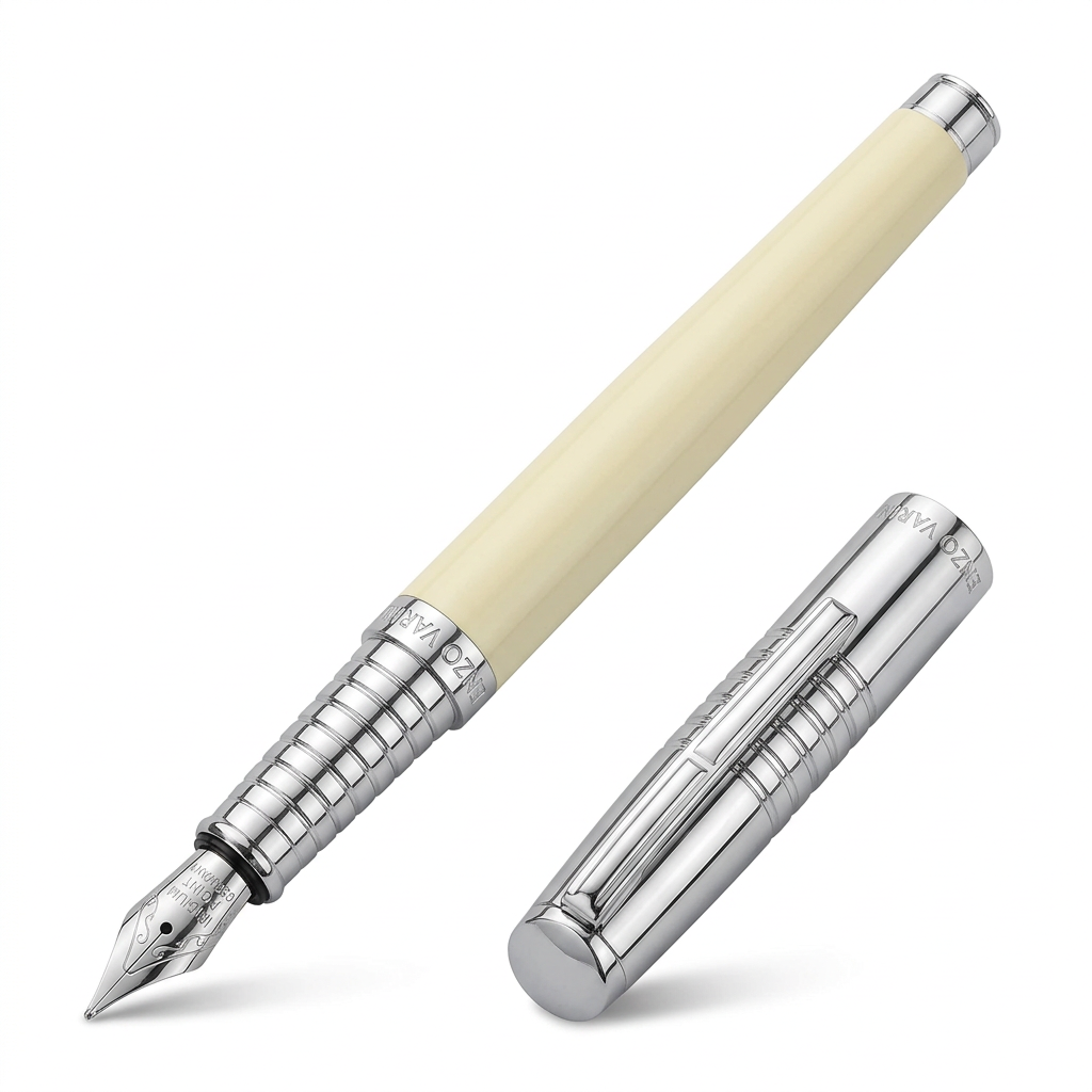 Stylo plume ivoire et chromé, gravure sur le dessus du capuchon