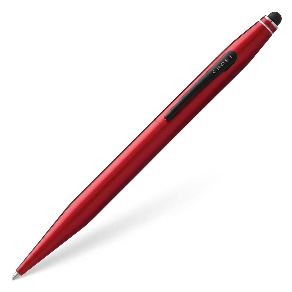Vue à 45° du stylo Cross Tech2 rouge métallique, pointe en bas à gauche